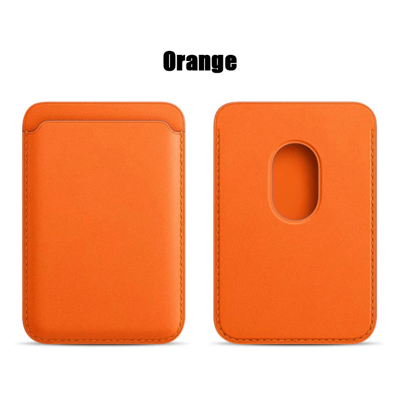 Orange magnetic phone wallet front and rear views