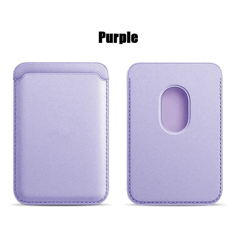 Purple magnetic phone wallet front and rear views