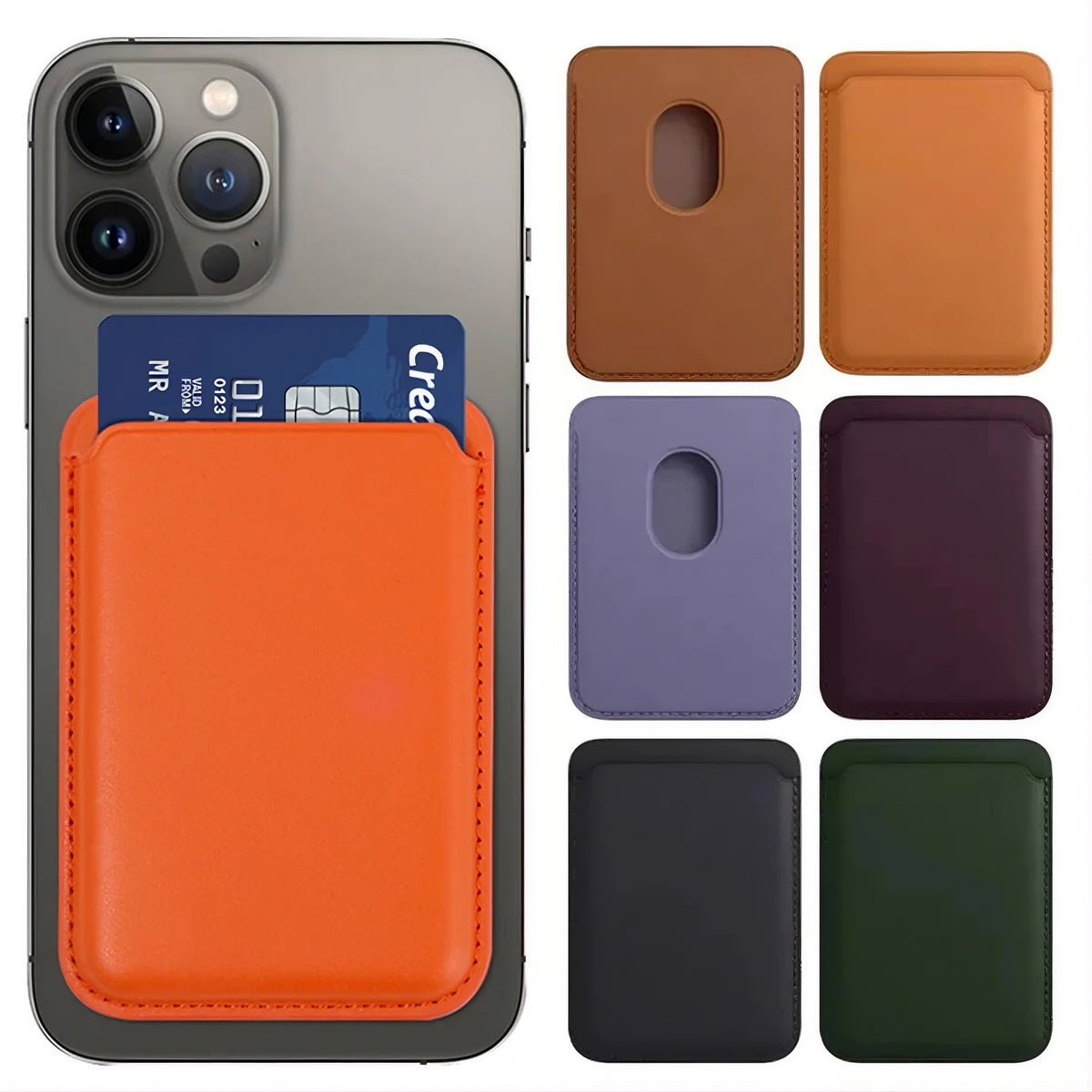 Orange MagSafe-compatible phone wallet attached to an iPhone with cards and available colour options