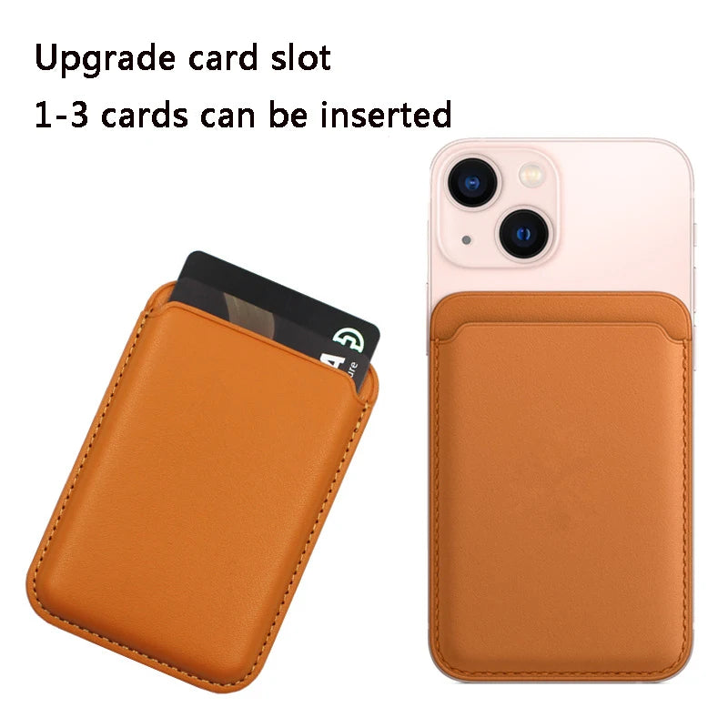 Orange magnetic phone wallet showing the card slot and rear attachment area
