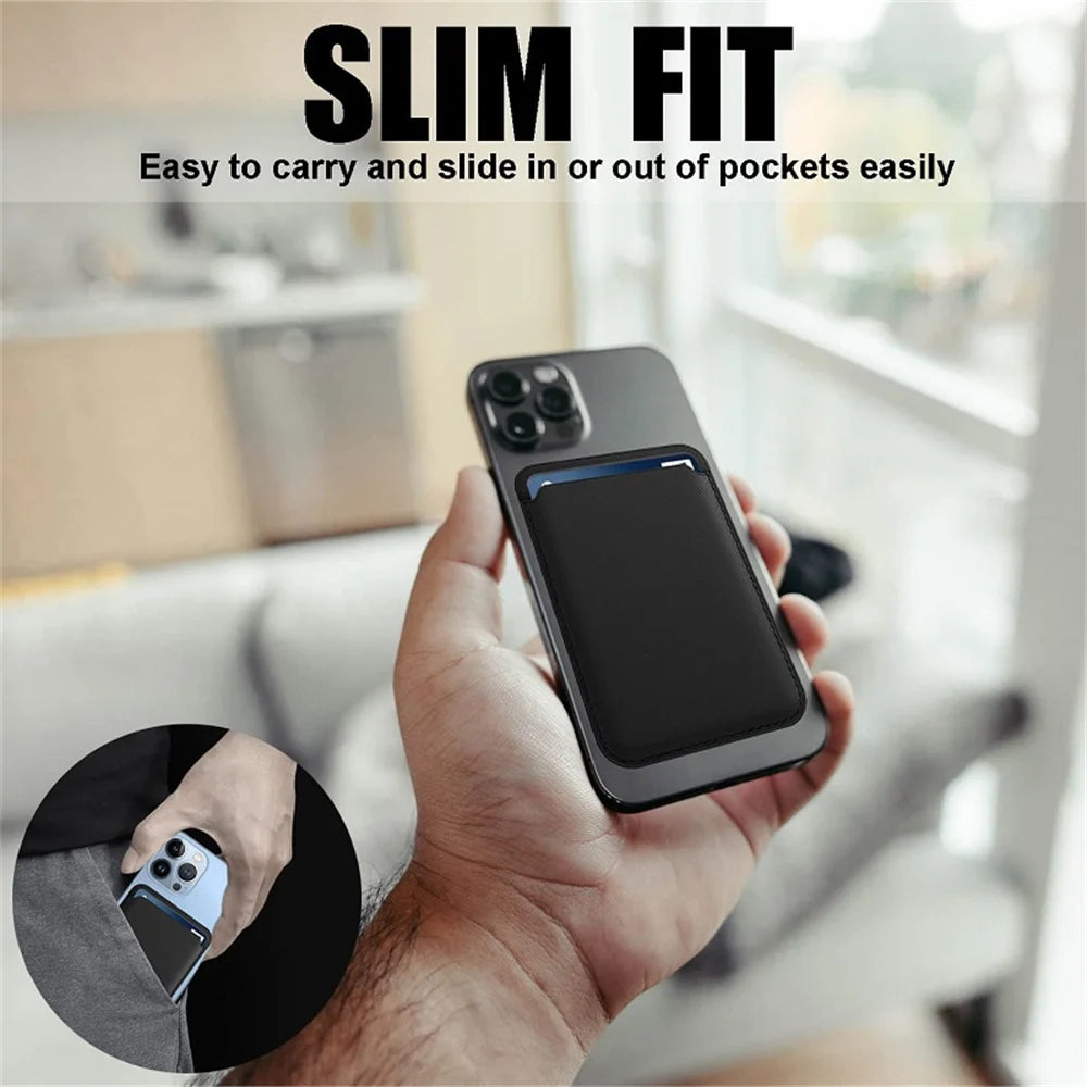 Black slim magnetic phone wallet attached to an iPhone held in one hand