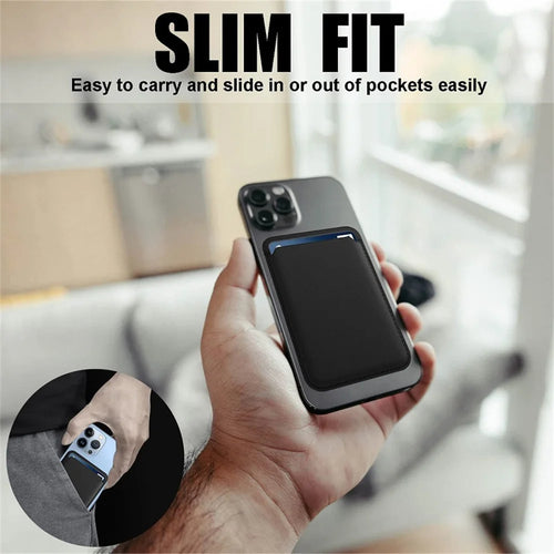 Black slim magnetic phone wallet attached to an iPhone held in one hand