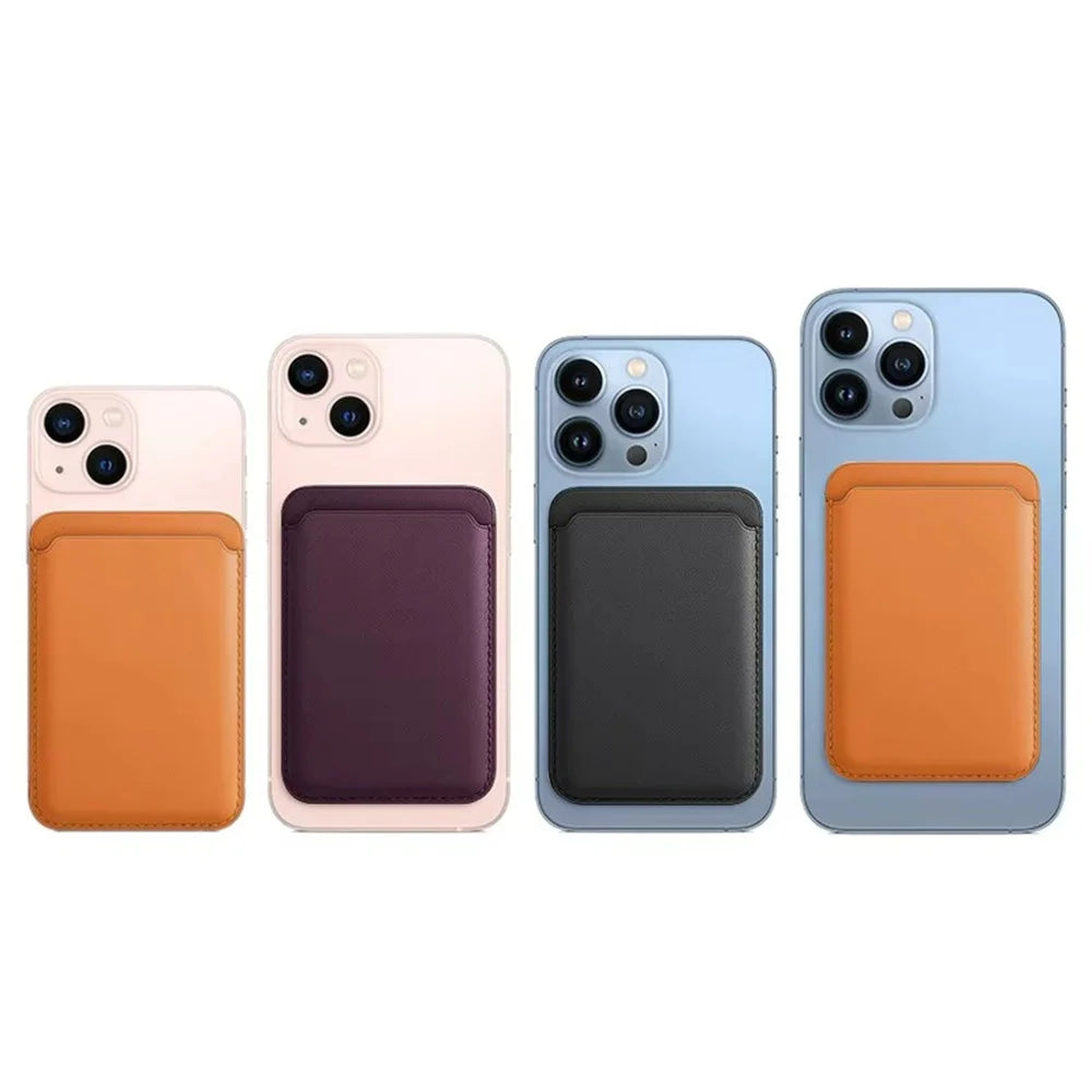 Four iPhones fitted with orange, purple and black magnetic phone wallets