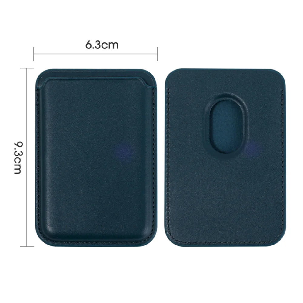Blue magnetic phone wallet front and rear views with 6.3 by 9.3 centimetre dimensions