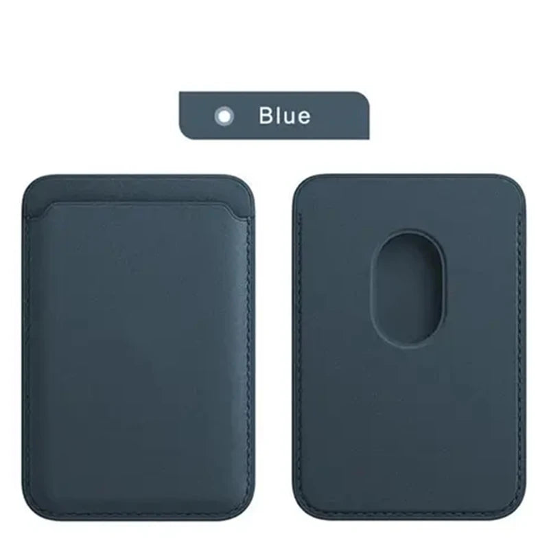 Blue magnetic phone wallet front and rear views