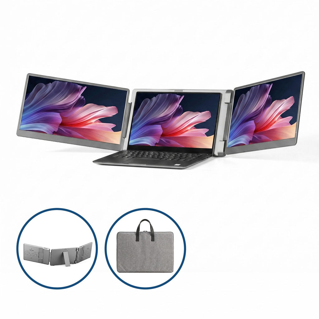 Devanti 14-inch triple screen laptop extender with two portable monitors attached to a laptop