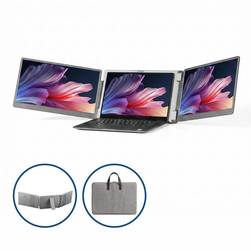 Devanti 14-inch triple screen laptop extender with two portable monitors attached to a laptop