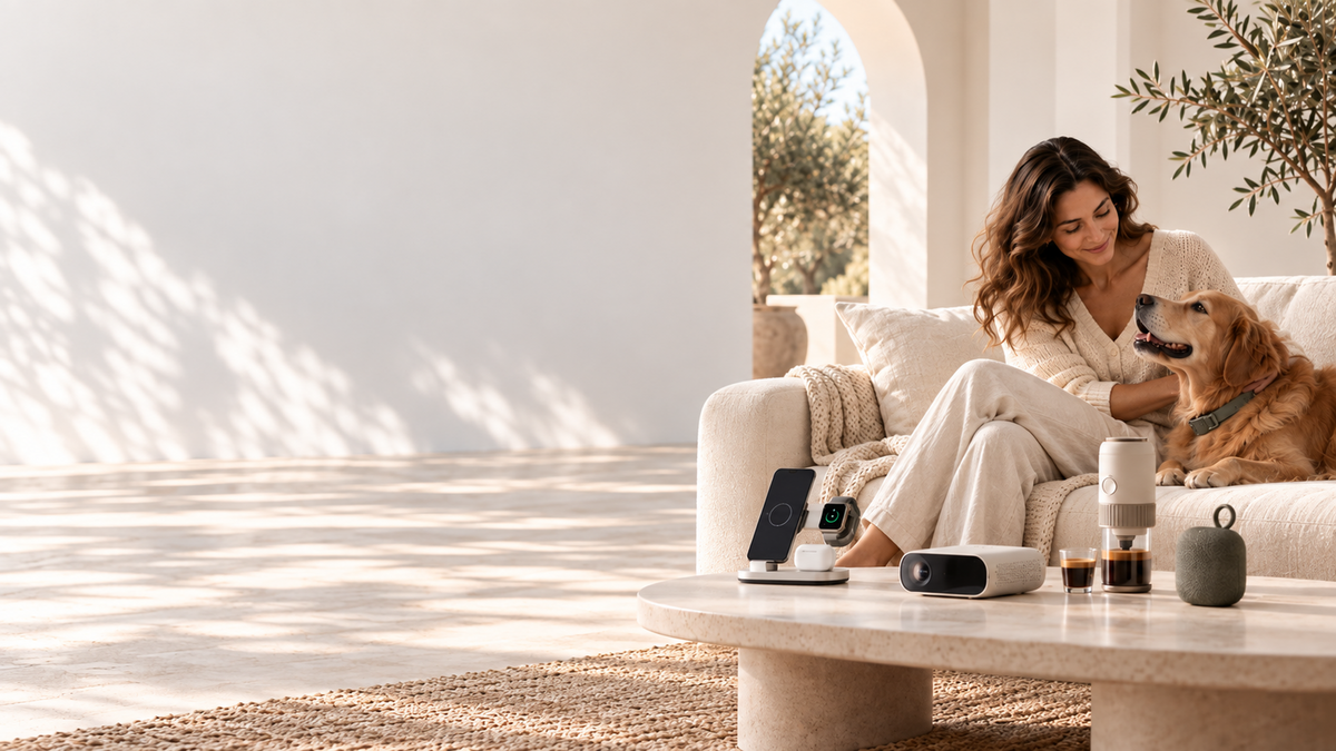 Woman relaxing with her dog beside a table of useful lifestyle products